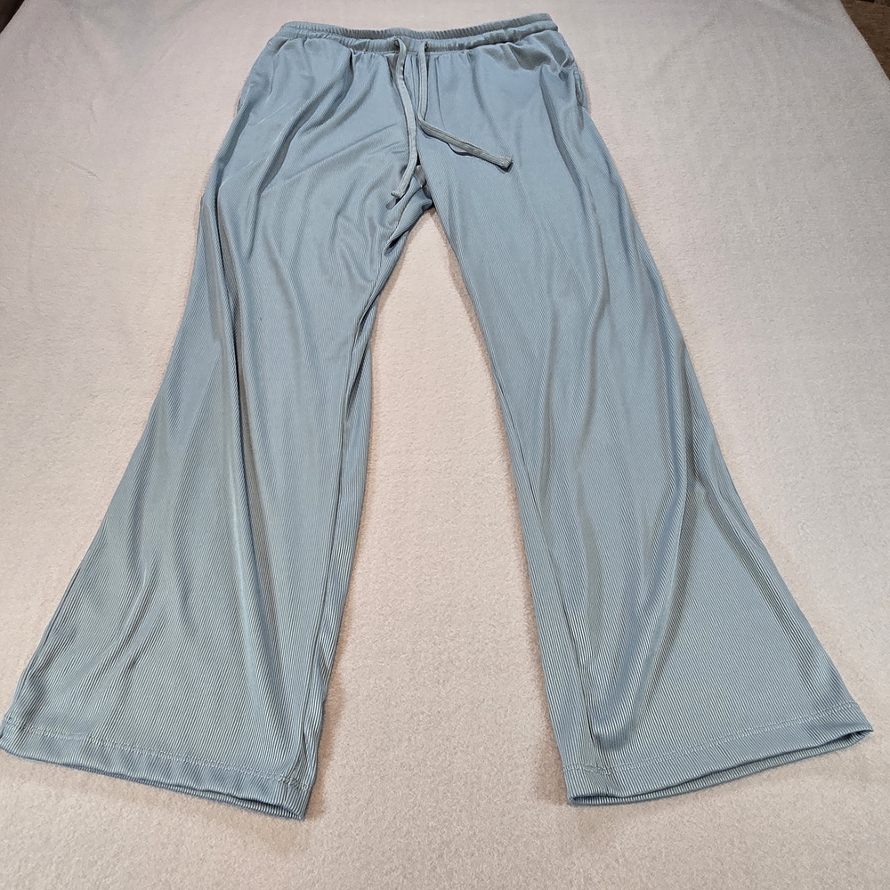 Live 2 Lounge Pants Womens Medium Blue Ribbed Wide Leg Drawstring Pajama Bottoms
